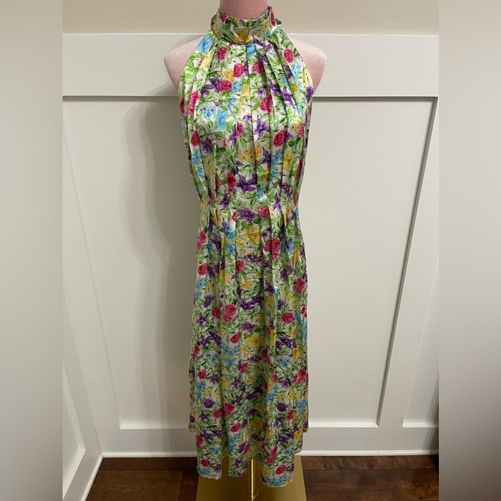 Les Reveries 100% Silk Rose Orchid Pleated Bow Maxi Dress Size 8 - Picture 4 of 13